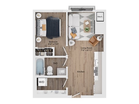 A floor plan of a small apartment with a bedroom, living room, kitchen, and bathroom.